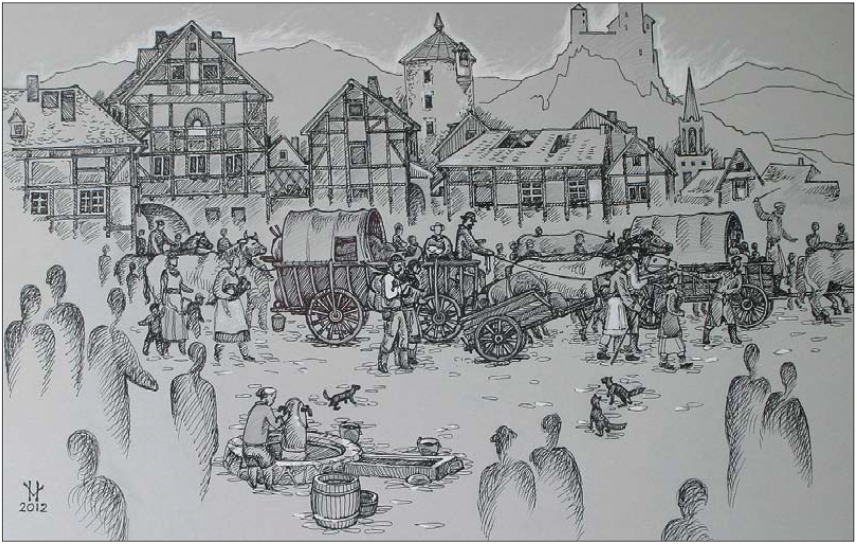 Sammelstellen zur Auswanderung gab es in Ulm, Regensburg, Nürnberg, Frankfurt, Roßlau/Elbe und insbesondere im hessischen Büdingen. Bild: Viktor Hurr.